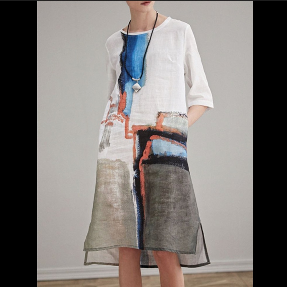 STYLEWE White Midi Dress with Blue and Orange Abstract Brushstrokes